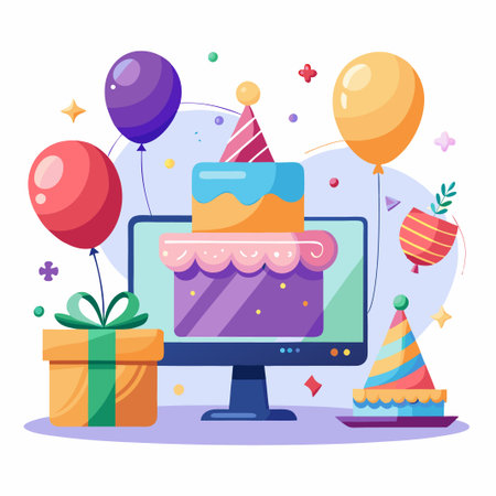 Online birthday celebration with a cake, balloons, and a gift.のイラスト素材