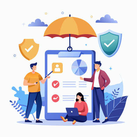 A team of people working together on a checklist, protected by an umbrella and shield.のイラスト素材