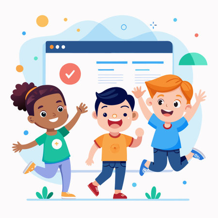 Happy children celebrating success with a checkmark on a web page.のイラスト素材