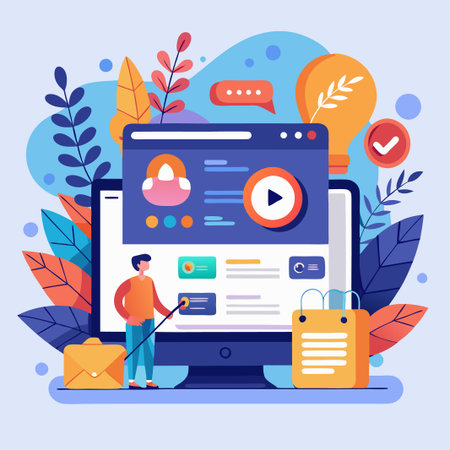 Man Presenting Digital Marketing Strategy on Computer Screen.のイラスト素材