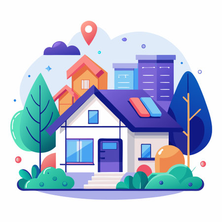 A suburban home with a purple door and a colorful roof surrounded by trees and greenery.のイラスト素材