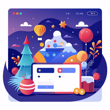 Colorful website design with a Christmas tree, hot air balloon and stars.のイラスト素材