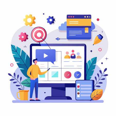 Man presenting a computer screen with a target, play button, and check mark on it.のイラスト素材