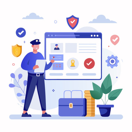 Man in blue uniform using tablet to view online interface with security shield, checkmarks, and briefcase.のイラスト素材