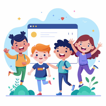 Four kids smiling and standing in front of a computer screen.のイラスト素材