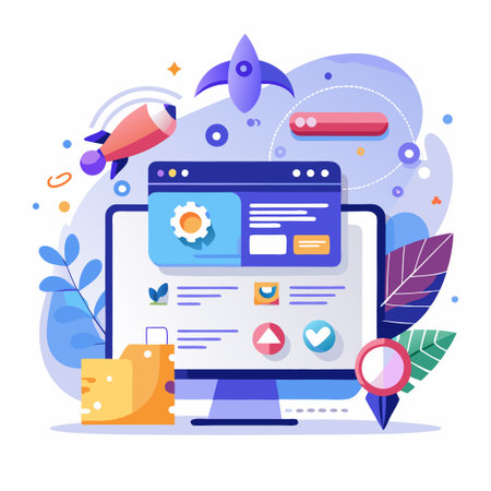 Website Design with Rocket and Gear Icon.のイラスト素材