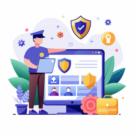 Security guard standing in front of a computer with shields and gears around.のイラスト素材