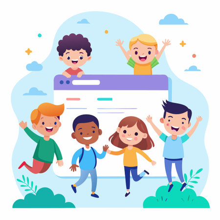 Diverse group of children smiling happily around a computer screen.のイラスト素材