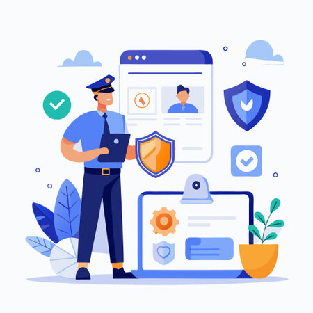 Security guard holding a shield standing beside a laptop.のイラスト素材