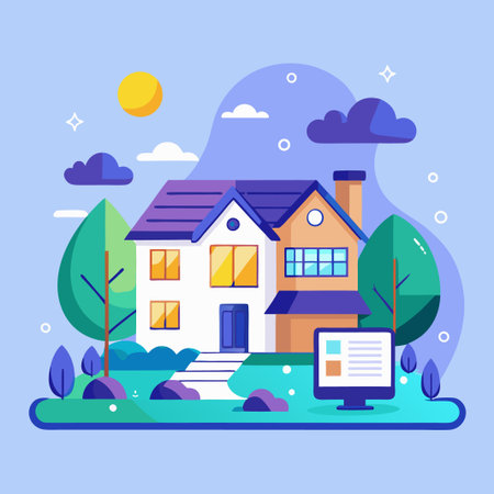 A cartoon illustration of a two-story house with a blue door and a computer screen in front.のイラスト素材