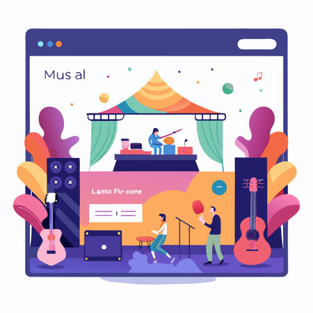 Website illustration of a music concert featuring a band performing on a stage with a canopy tent.のイラスト素材