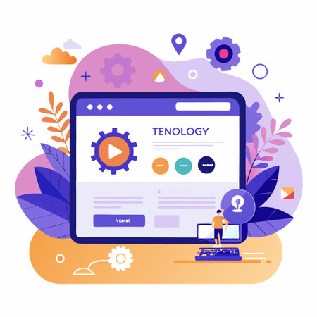 Man standing next to laptop with website design for a technology company with orange, purple, and blue colors and icons.のイラスト素材