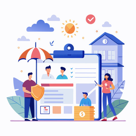 People stand near clipboard with house and money icons.のイラスト素材