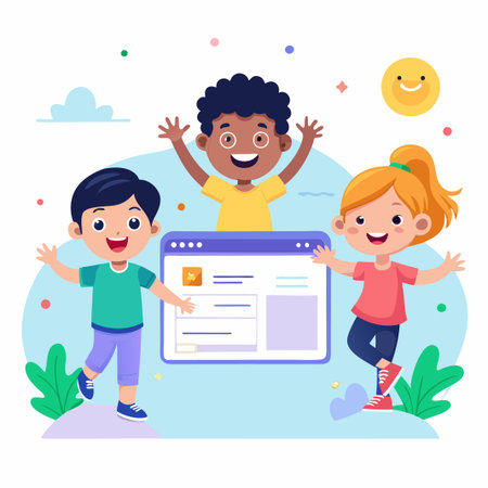 Three happy children smiling in front of a computer screen.のイラスト素材