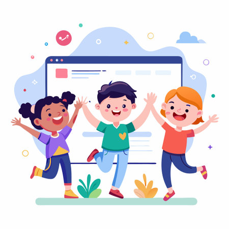 Three happy children jumping in front of a computer screen.のイラスト素材