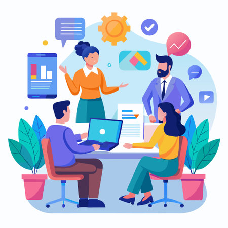 A team of four people working together in an office.のイラスト素材