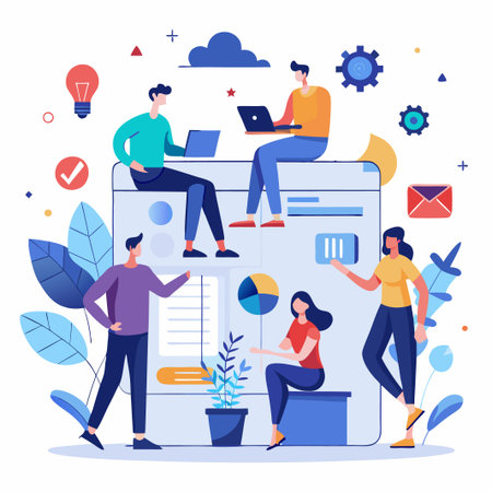 Team collaborating on a project using laptops, charts, and data.のイラスト素材