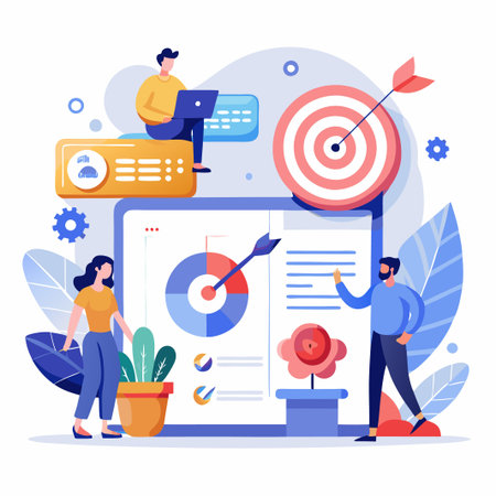 A team working together on a project, represented by a laptop and charts.のイラスト素材