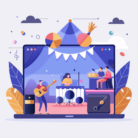 Online music concert with a band performing on stage inside laptop screen.のイラスト素材
