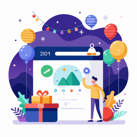 Man using a computer to view a mountain landscape with a gift beside him.のイラスト素材