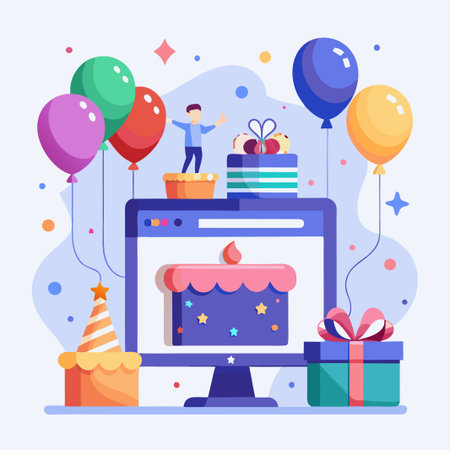Online birthday celebration with a computer, balloons, gifts and cake.のイラスト素材