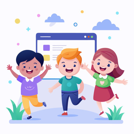 Happy children in front of a web browser.のイラスト素材