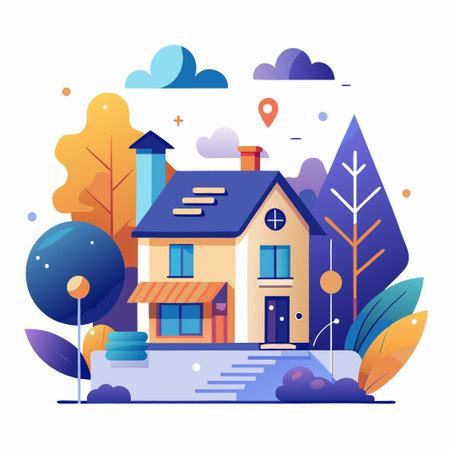 Cute cartoon illustration of a house with a garden and clouds.のイラスト素材