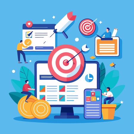 People work on a computer, phone, and tablet while a target is hit by an arrow.のイラスト素材