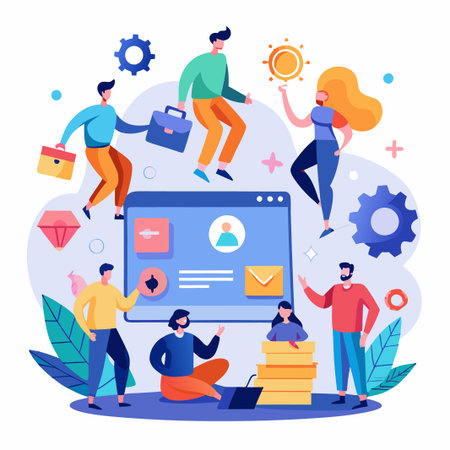 Team of diverse people working together on a project, collaborating and brainstorming ideas.のイラスト素材