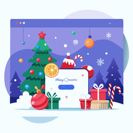 Christmas themed web browser window with snow, ornaments, and presents.のイラスト素材