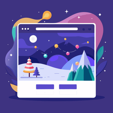 Website with a winter mountain landscape with a Christmas tree and a starry night.のイラスト素材