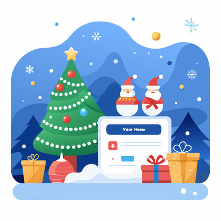 Christmas and New Year Greeting Card with a decorated Christmas tree, snowmen, gifts and a greeting message.のイラスト素材