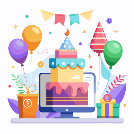 Online birthday celebration with cake, balloons, and gifts on a computer screen.のイラスト素材