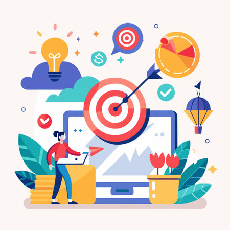 Woman working on laptop with target, arrow and graph, growth and success concept.のイラスト素材