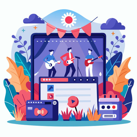 Online music concert with three guitarists playing on stage.