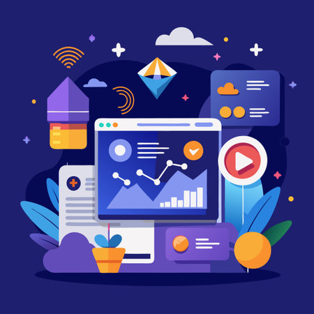 Colorful abstract illustration with a computer screen with charts, a play button, and plant.のイラスト素材