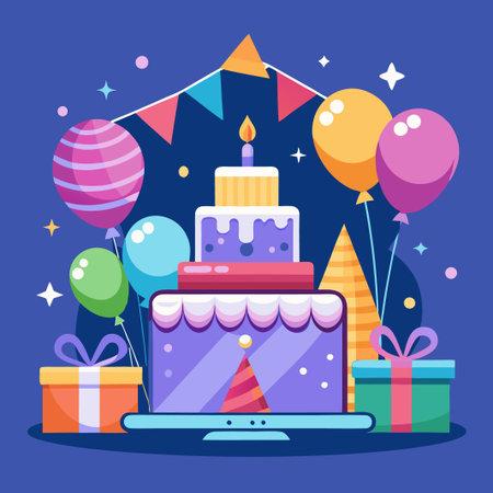 Virtual birthday party with a cake on a laptop screen, balloons, and presents.のイラスト素材