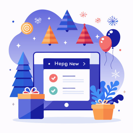 Happy New Year on a tablet with check marks, presents, a Christmas tree, and balloons.のイラスト素材