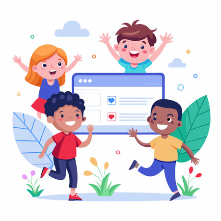 Happy kids interacting with a webpage.のイラスト素材