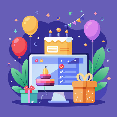A computer monitor with a birthday cake and gifts on a purple background.のイラスト素材