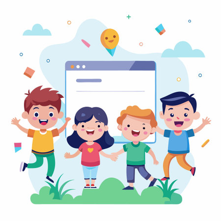 Four happy children smiling near a blank web browser.のイラスト素材