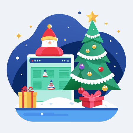 Christmas tree with presents and computer screen with Santa hat on it.のイラスト素材