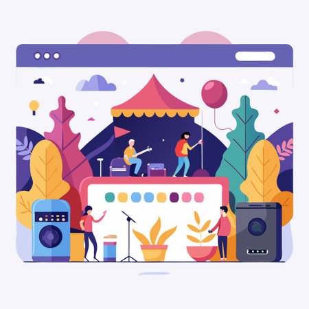 Colorful illustration of a music festival with people attending,  performing, and taking photos of the event.のイラスト素材