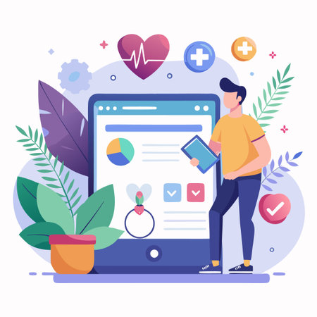 Man using a health tracking app on his tablet.のイラスト素材