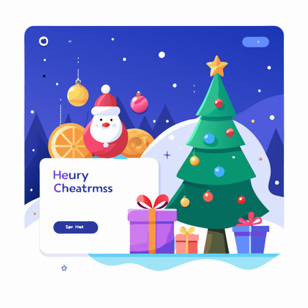 Festive Christmas design with a decorated Christmas tree, Santa Claus, and gifts in a snowy landscape.のイラスト素材
