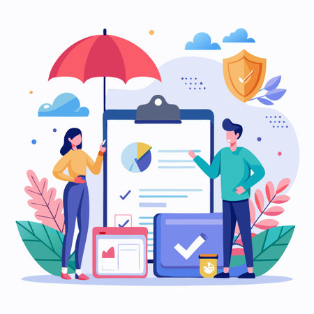 Two people standing next to a clipboard with a checkmark and an umbrella.のイラスト素材