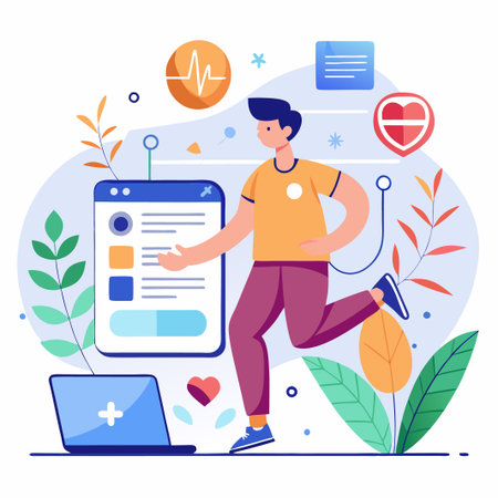 Man interacting with a health app on his phone, with a laptop, heart, and heartbeat symbol in the background.のイラスト素材