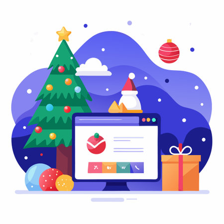 Christmas online shopping with a computer, Christmas tree, ornaments, and a gift box.のイラスト素材