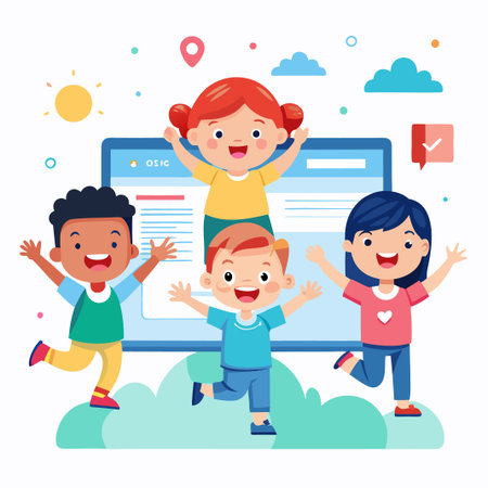 Happy children celebrating online success.のイラスト素材