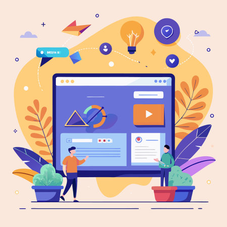 Two people working on a web page with colorful icons, graphs, and charts.のイラスト素材